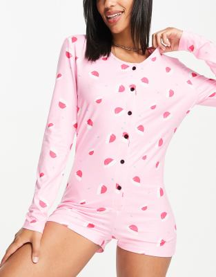 Loungeable - Pyjama-Overall mit Weihnachtsmützen-Print-Rosa