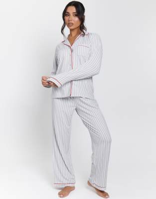 Loungeable - Pyjama rayé avec chemise et pantalon - Gris