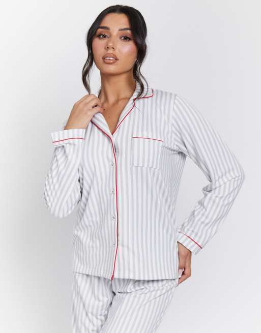 Loungeable - Pyjama rayé avec chemise et pantalon - Gris , 2 de 4