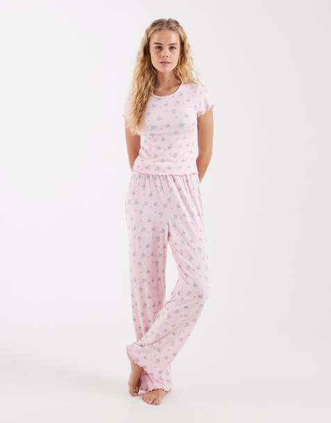 Loungeable Pyjama-Set aus geripptem Jersey mit Oberteil und Hose in rosa Blumenmuster - view 1