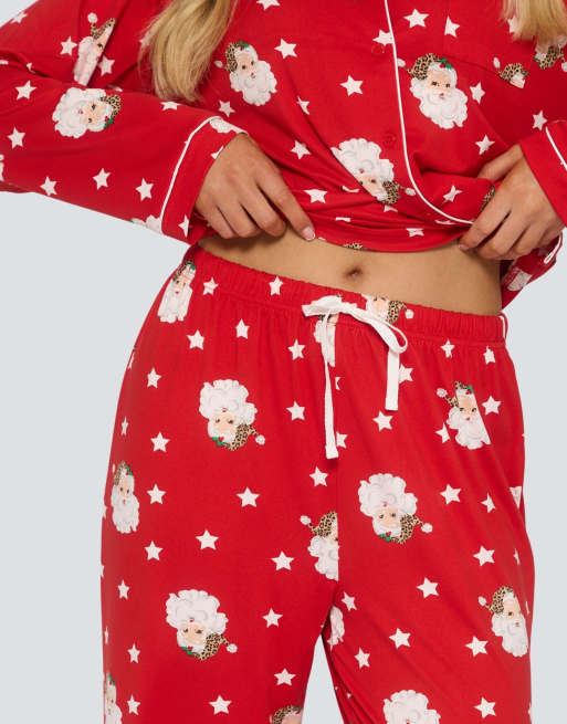 Loungeable Pyjama-Set mit Hemd mit Knopfleiste und langer Hose in Rot, 5 von 7