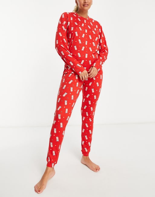 Loungeable - Pyjamaset met lange mouwen in rood met varkentjes-in-dekentjes-print