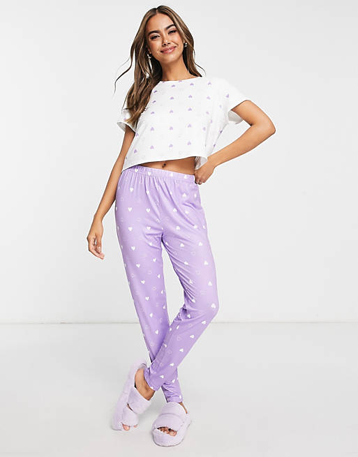 Loungeable - Pyjamaset met legging en kleine hartjes in lila en wit