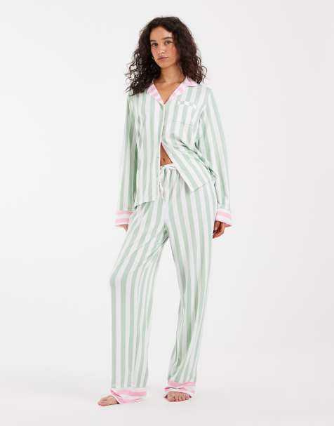 Loungeable pyjamaset met overhemd met reverskraag en broek in roze en groene streep - view 1