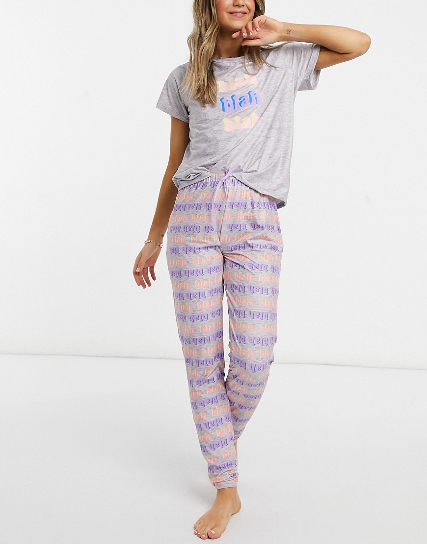 Loungeable - Pyjamaset met T-shirt en legging met 'Blah'-print in grijs