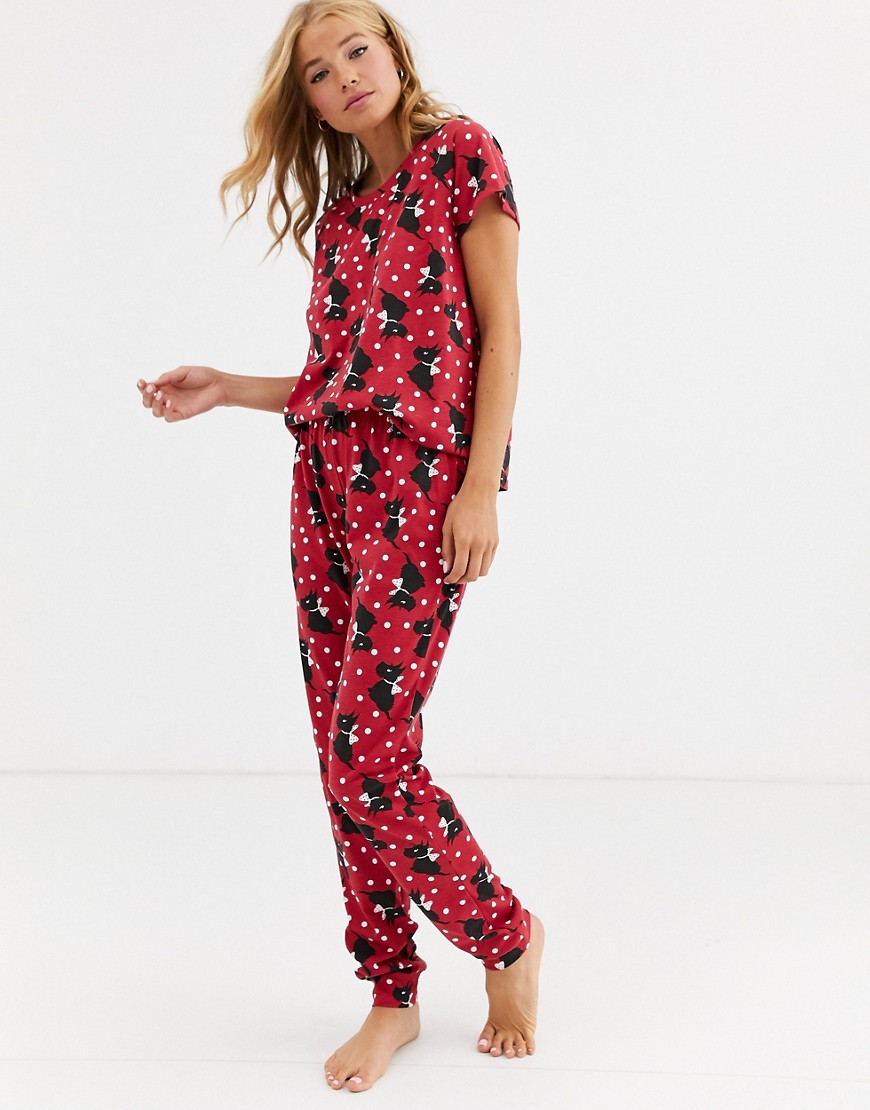 Loungeable – Pyjamasset med leggings och skotsk hund-mönster-Röd