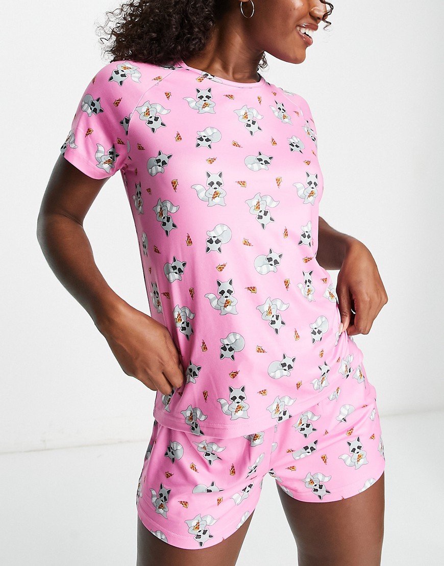 Loungeable racoon short pajama set in pink
