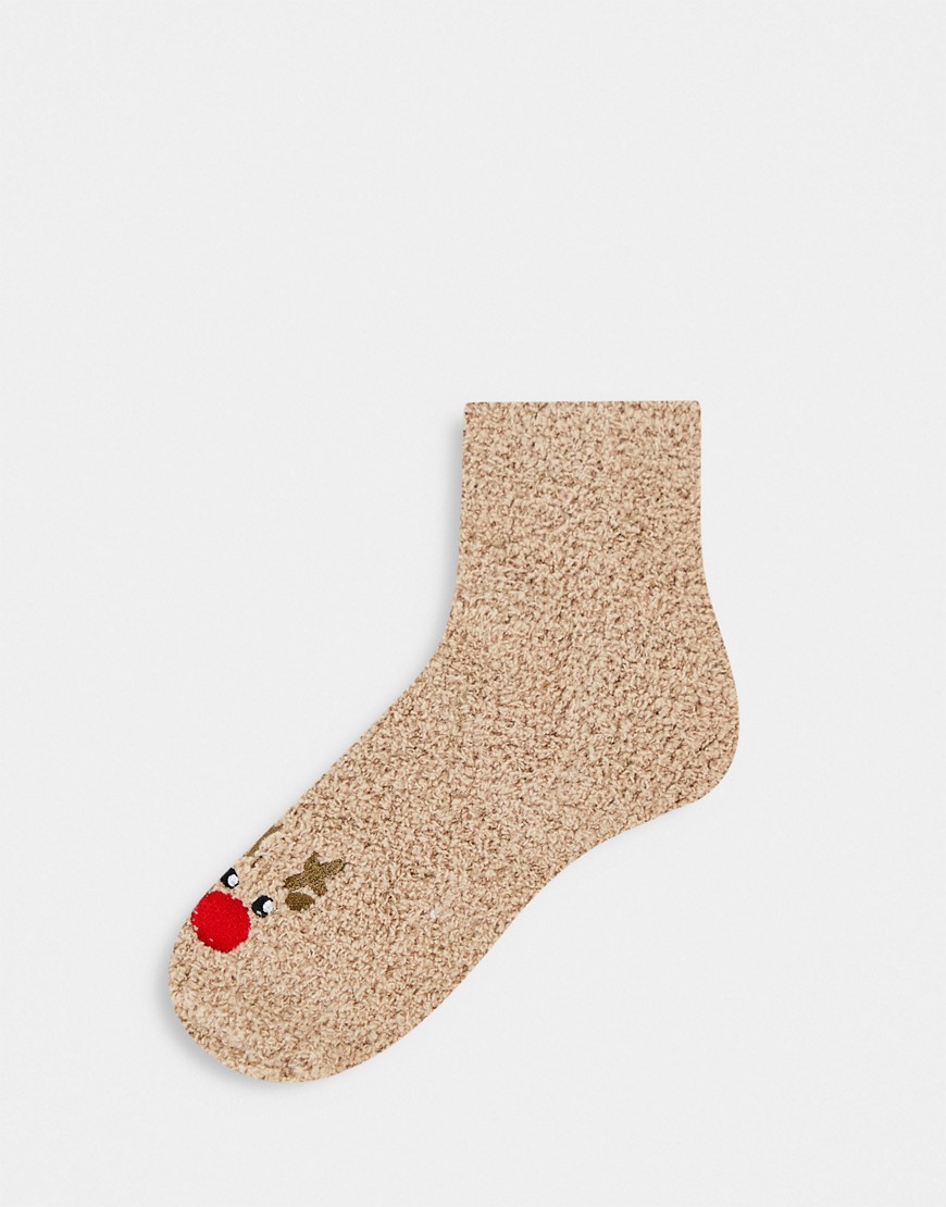 Loungeable reindeer fluffy socks in christmas gift box-Brown