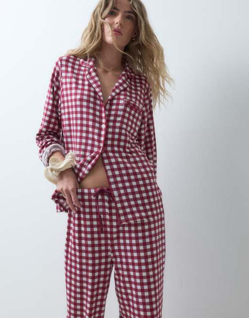 Loungeable revere button up shirt and pants pyjama set in berry gingham print, 3 of 4