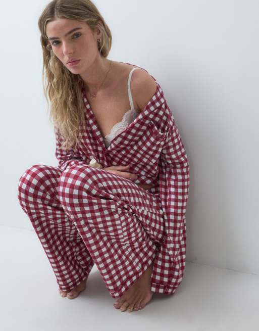 Loungeable revere button up shirt and trouser pyjama set in berry gingham print, 2 of 4