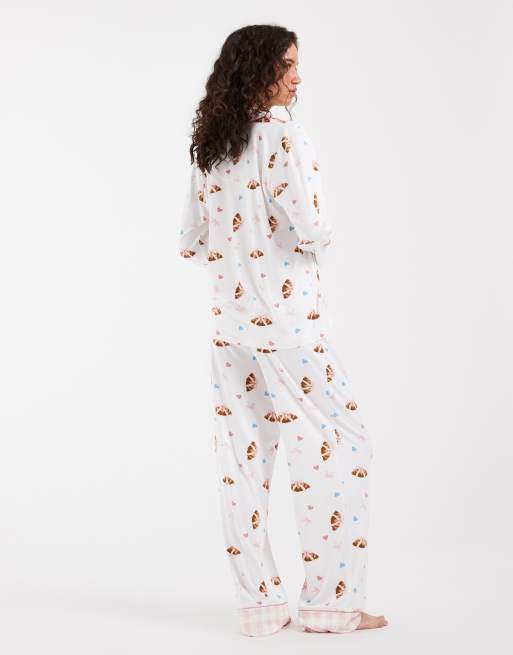 Loungeable revere button up shirt and trouser pyjama set in croissant and bow print, 4 of 4