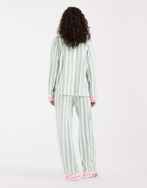 Loungeable revere button up shirt and trouser pyjama set in pink and green stripe, 2 of 4