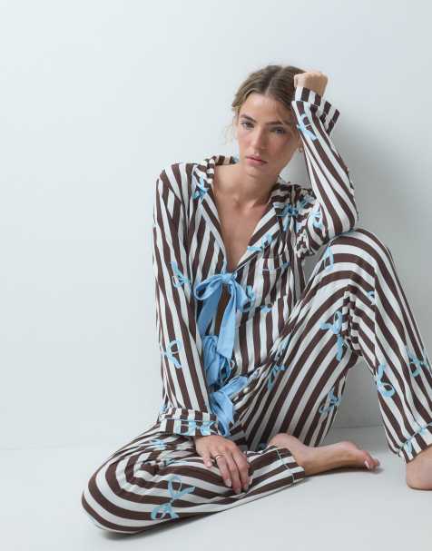 Loungeable revere tie front shirt and pants pyjama set in brown stripe bow print - view 1