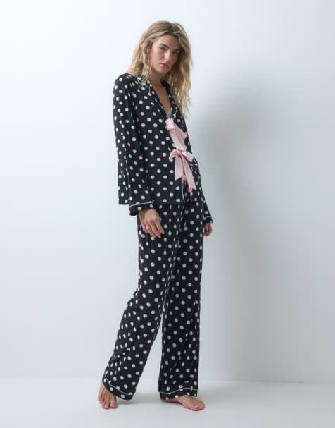Loungeable revere tie front shirt and pants pyjama set in polka dot - view 1