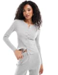 [Loungeable] Loungeable rib cardigan & straight leg pants pyjama set in grey marl 16 GREY