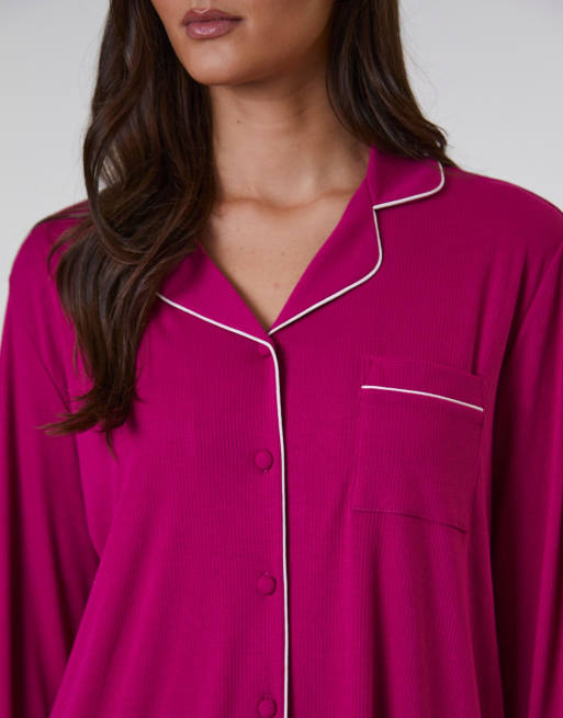 Loungeable rib long sleeve traditional shirt and long pant in dark pink , 4 of 5