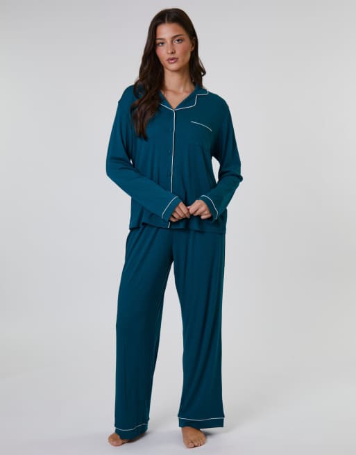 Loungeable Rib long sleeve traditional shirt and long pant in green, 2 of 7