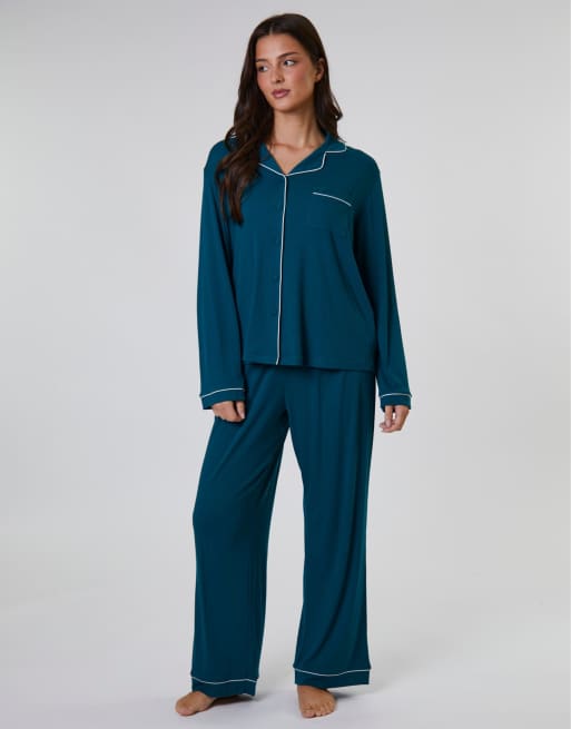 Loungeable Rib long sleeve traditional shirt and long pant in green, 3 of 7