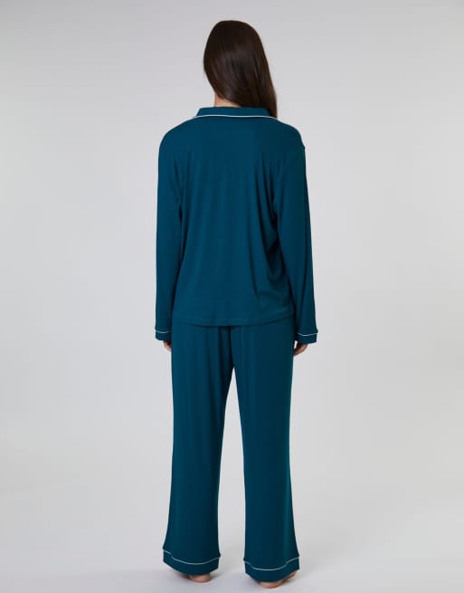 Loungeable Rib long sleeve traditional shirt and long pant in green, 7 of 7
