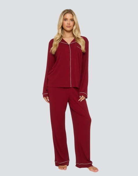 Loungeable Rib long sleeve traditional shirt and long pant in red - view 1