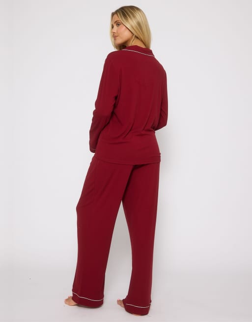 Loungeable Rib long sleeve traditional shirt and long pant in red, 4 of 4