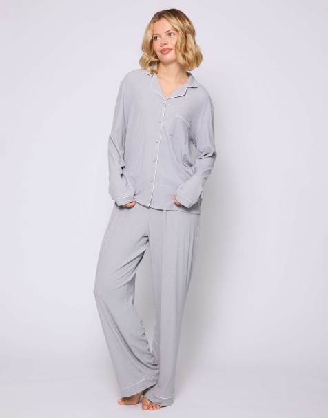 Loungeable rib long sleeve traditional shirt and long pant in silver - view 1