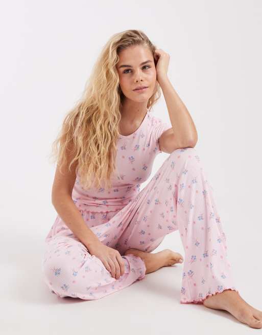 Loungeable ribbed jersey top and trouser pyjama set in pink ditsy floral, 2 of 4