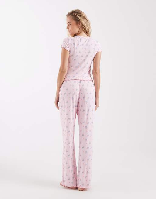 Loungeable ribbed jersey top and trouser pyjama set in pink ditsy floral, 4 of 4