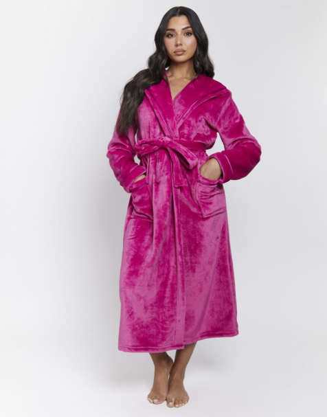 Loungeable Ribbon trim luxury fleece hooded maxi dressing gown in pink - view 1