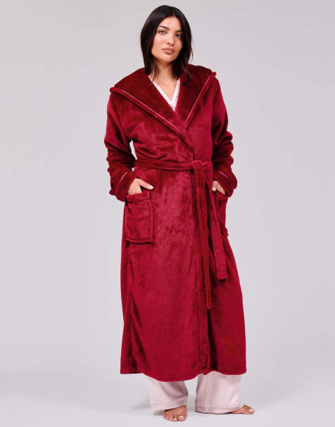 Loungeable Ribbon trim luxury fleece maxi hooded dressing gown in burgundy - view 1