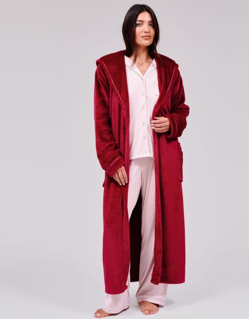 Loungeable Ribbon trim luxury fleece maxi hooded dressing gown in burgundy, 2 of 6
