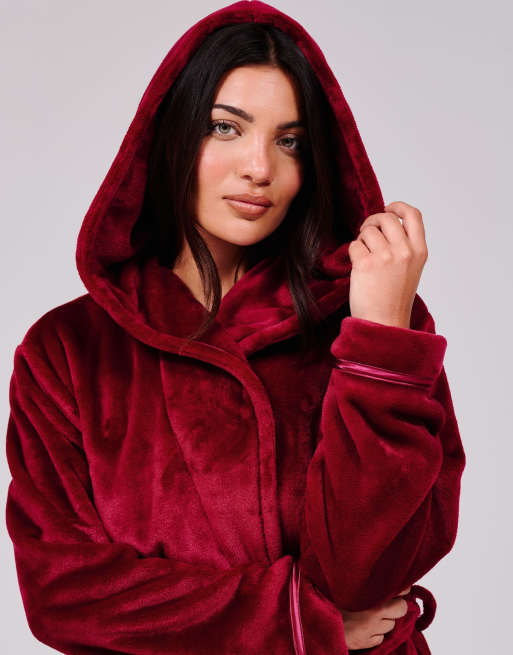 Loungeable Ribbon trim luxury fleece maxi hooded dressing gown in burgundy, 4 of 6