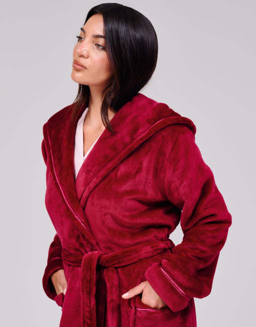 Loungeable Ribbon trim luxury fleece maxi hooded dressing gown in burgundy, 5 of 6