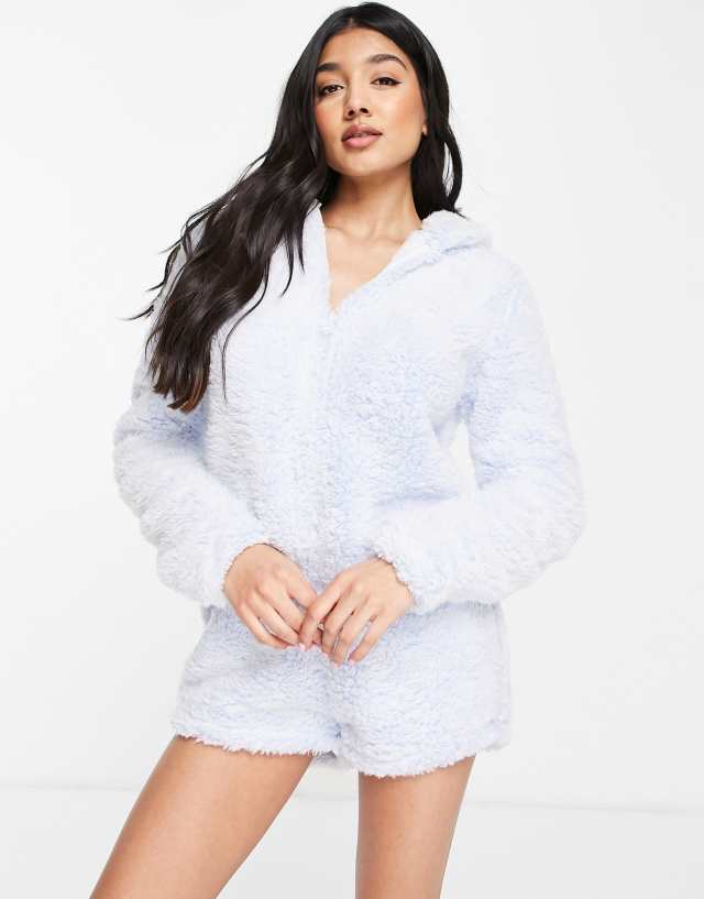 Loungeable romper lounge romper snow tipped faux fur in blue