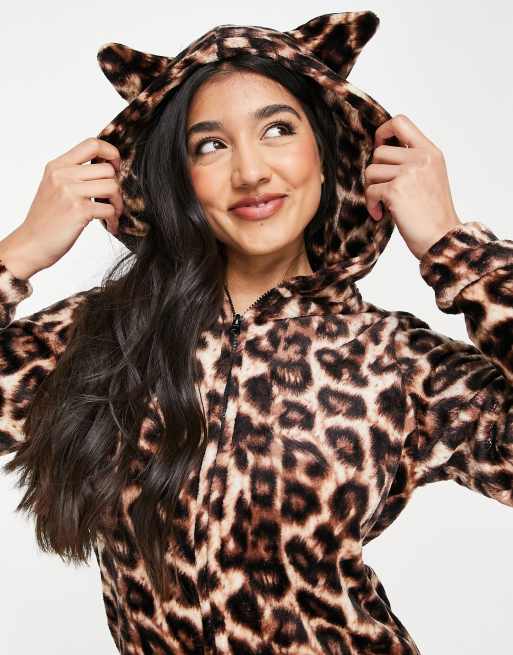Loungeable romper playsuit with ears in leopard