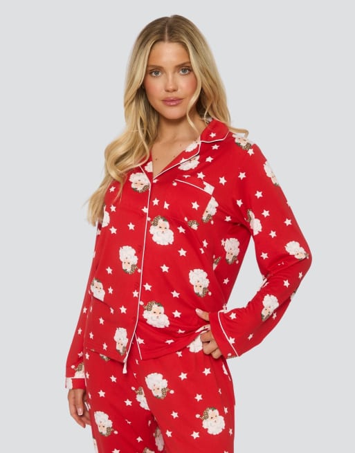 Loungeable Santa button shirt and long pant pyjamas set in red, 4 of 7