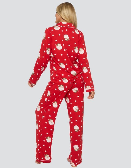 Loungeable Santa button shirt and long pant pyjamas set in red, 7 of 7
