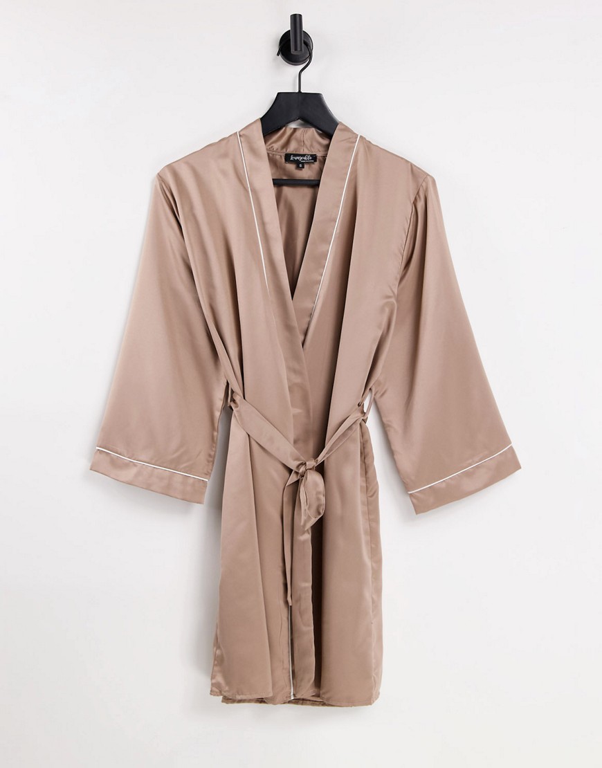 Loungeable - Satijnen badjas met biezen in mokka, deel van combi-set-Bruin