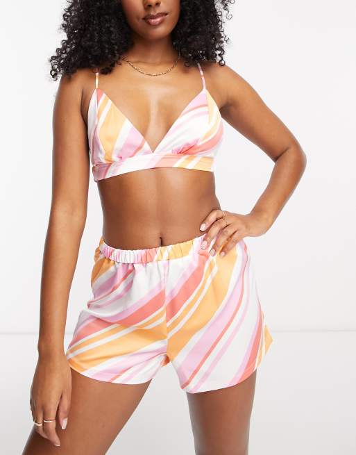 Pink Stripe Satin Bralette 3 Piece Pj Set