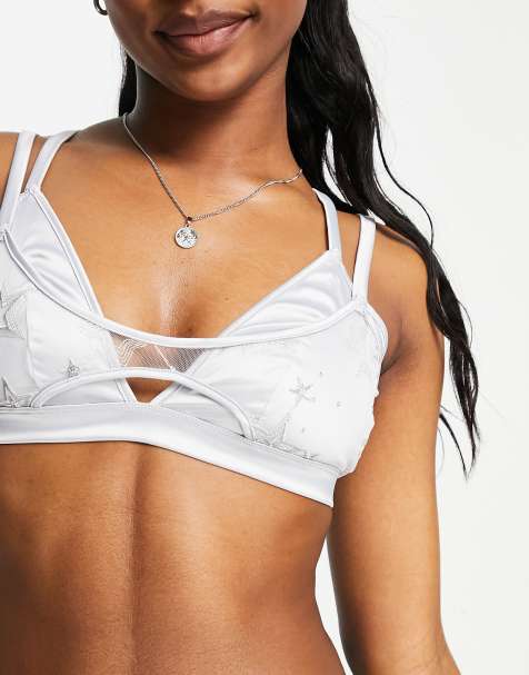Loungeable satin and embroidered mesh bra in silver - view 1