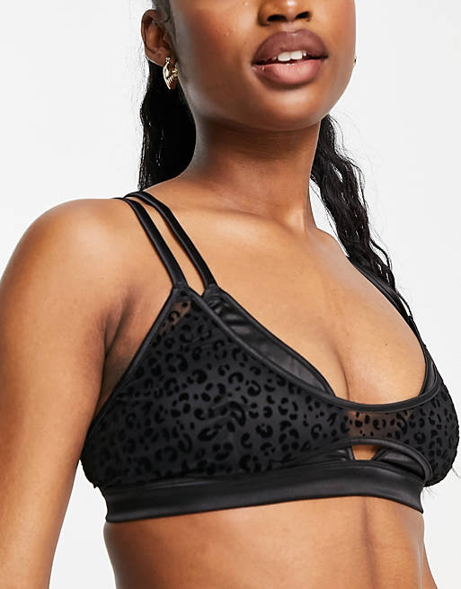 Loungeable satin and leopard flock double layer bra in black