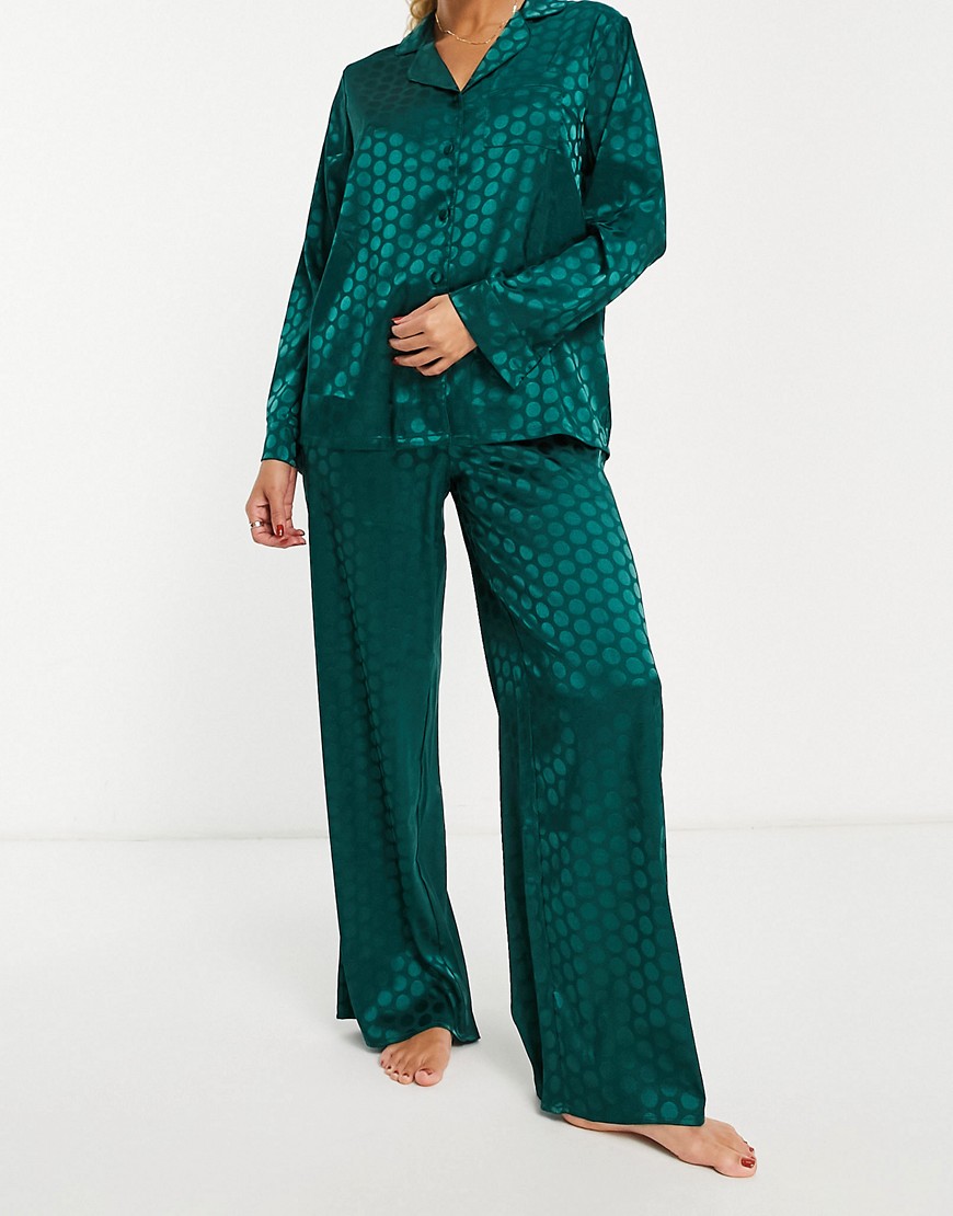 Loungeable satin jacquard spot revere pajama set emerald green