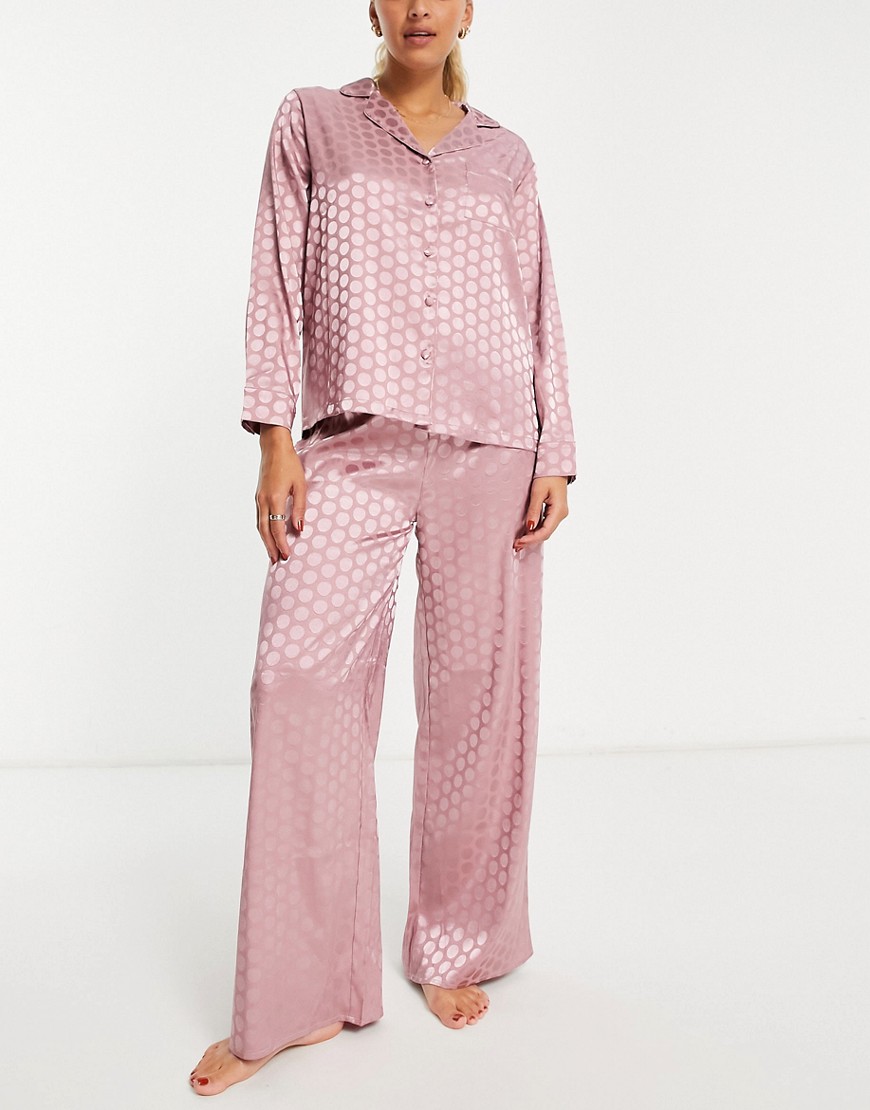 Loungeable satin jacquard spot revere pajama set in rose-Pink