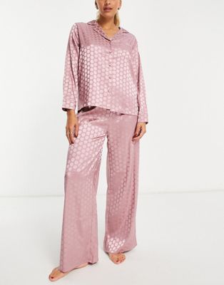 Loungeable satin jacquard spot revere pyjama set in rose