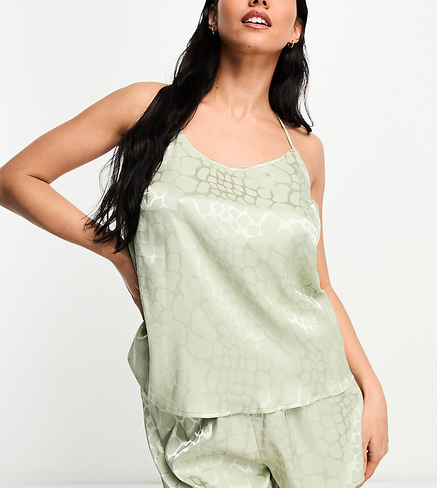 Loungeable satin jacquard strappy back cami and short set in sage green giraffe print