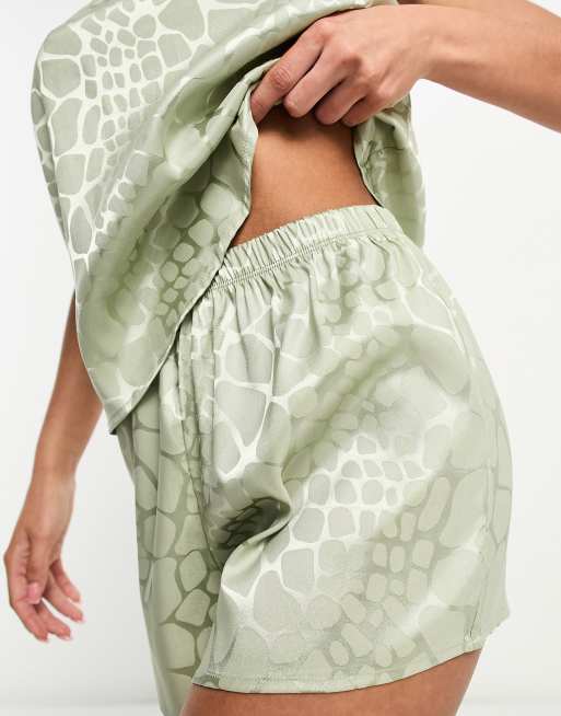 Loungeable satin jacquard strappy back cami and shorts set in sage green giraffe print, 2 of 4