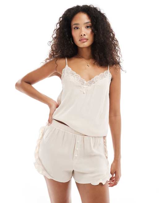 Loungeable Satin lace detail cami shorts set in taupe, 2 of 4