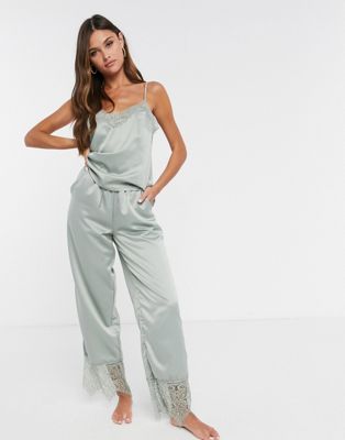 Loungeable satin lace pyjama trousers in sage green | ASOS