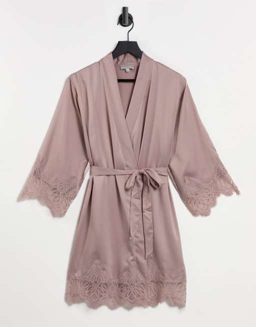 Loungeable satin lace robe in blush pink