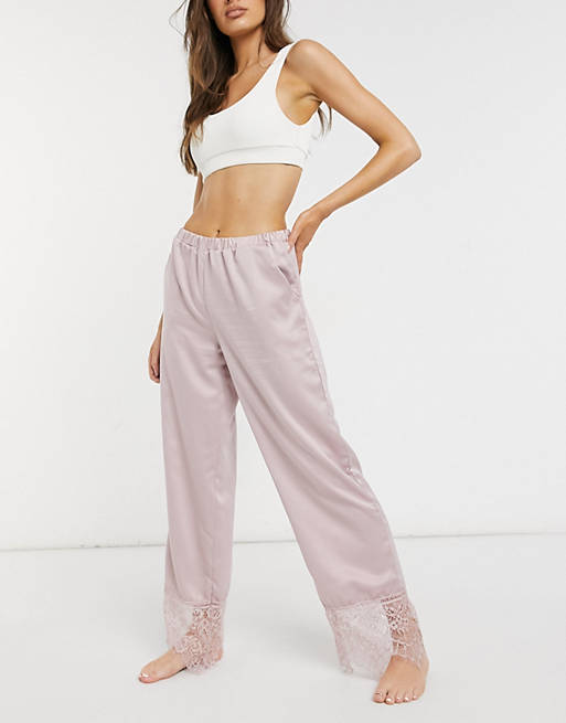 Loungeable satin lace trousers in blush pink